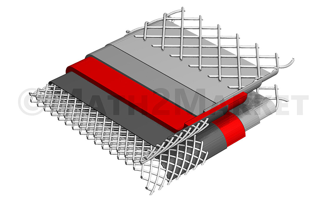 3D-Modell einer Filterfalte aufgesplittet in die verschiedenen Schichten